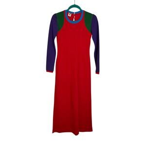 Vintage Teenque 70s Colorblock Maxi Dress Long Sleeve Red Green Purple Mod Retro